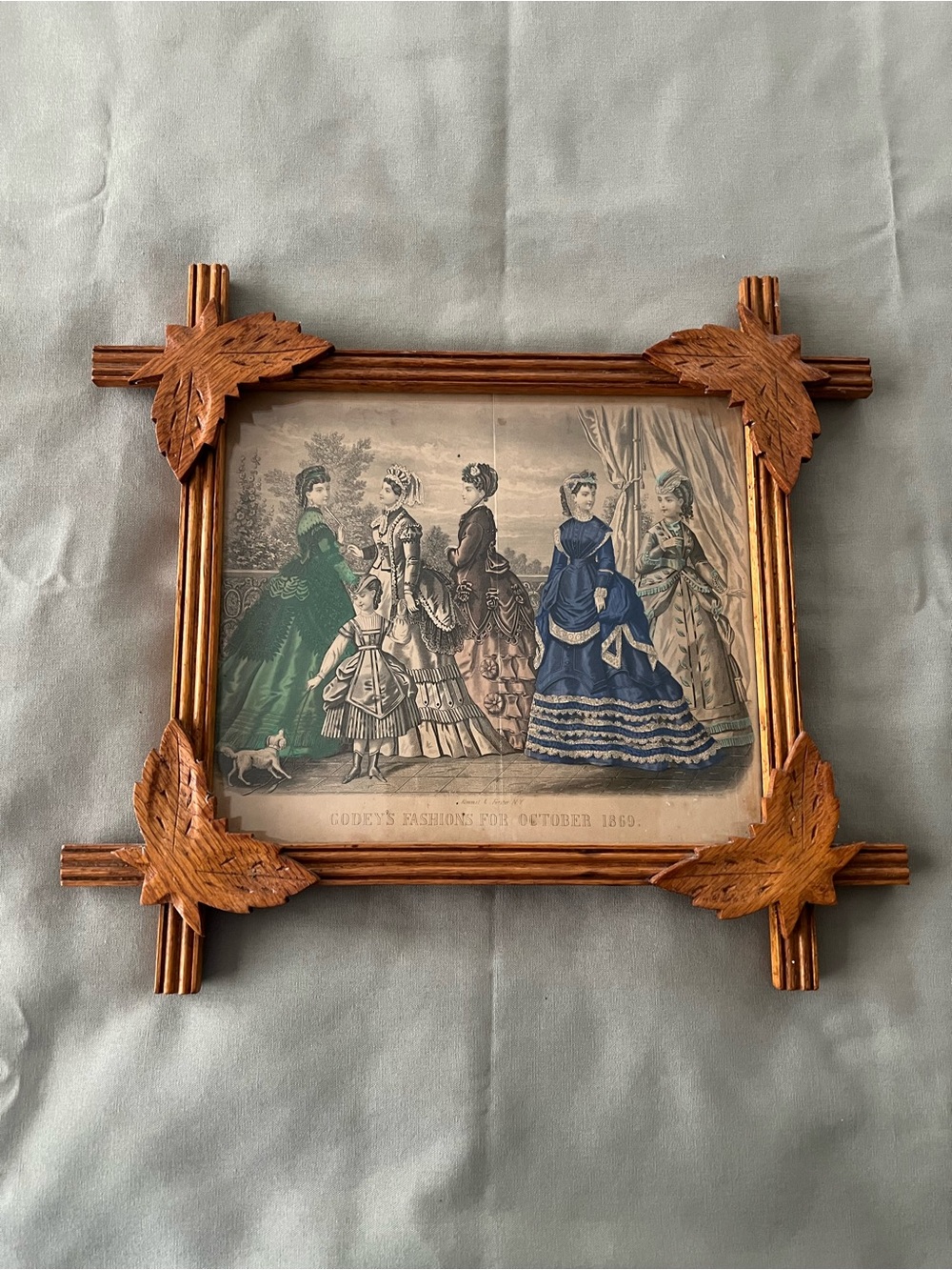 Vintage Adirondack Tramp Art Folk Art Picture and Wooden Frame with Leaves